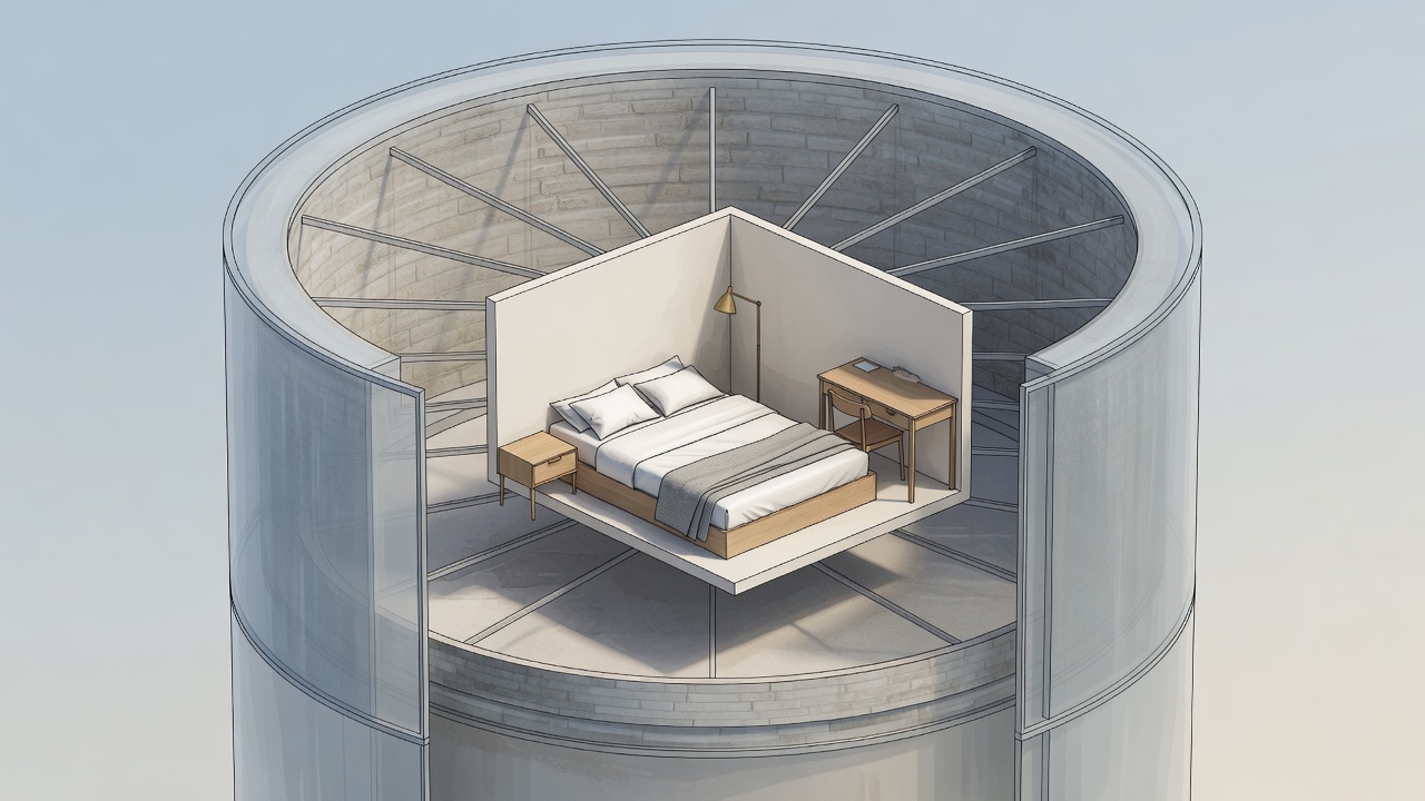 Exploded illustrative render showing a rectangular bedroom volume inserted within a circular tower shell
