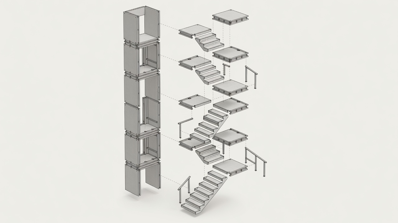 Illustrative exploded stair assembly with landings stacked vertically beside a tower shaft